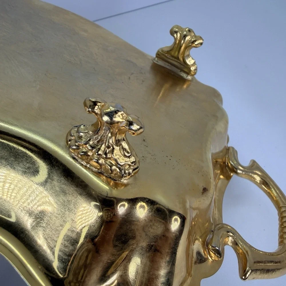 Gold tone footed tray‎ with handles Crosby silverplate 14